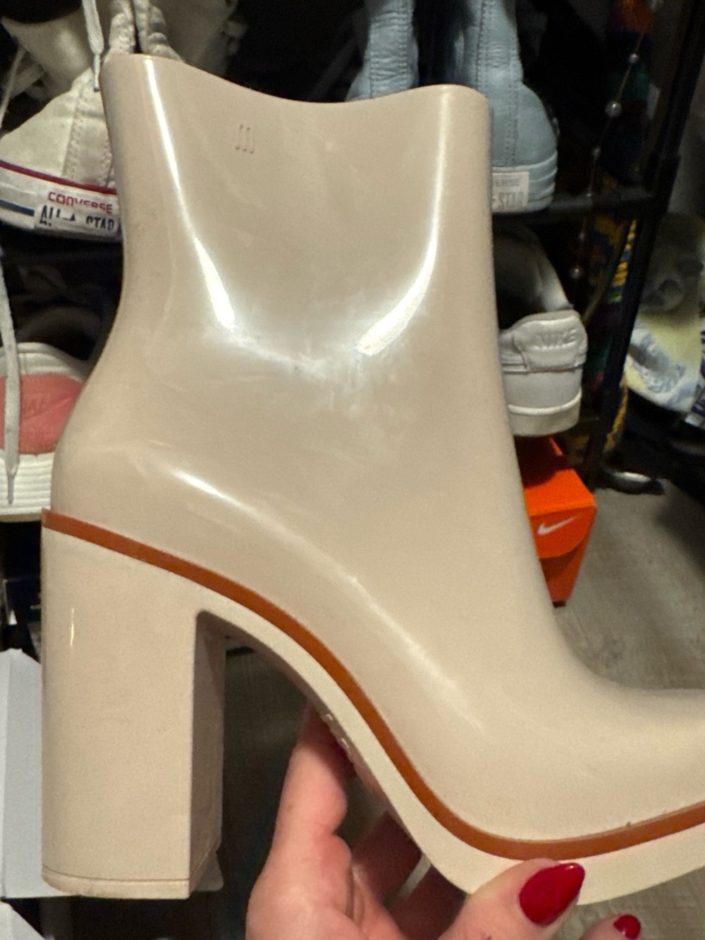 Women’s Cream Block Heel Ankle Boot with Brown Trim